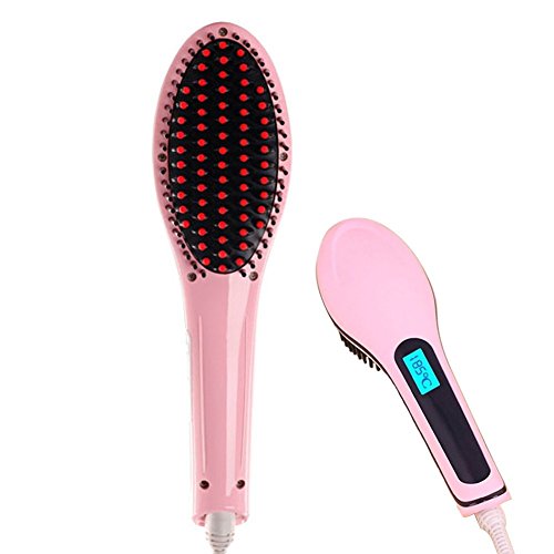 Healthy Care Professional Hair Straightener Comb Brush LCD Display Electric Heating Straightening Irons Hair brush Heating Comb Ceramic Hair Straightener Brush Pink Color