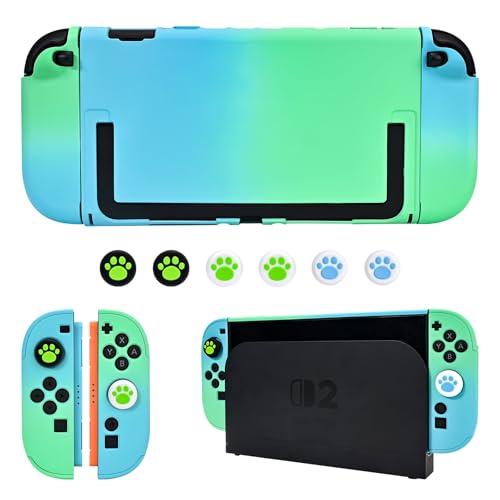 DLseego Coque pour Switch 2 2025,Dockable Couleur Dur Protecteur PC Housse avec 2 Poignées Cover et 6PCS Capuchons Joystick,Bleu+Vert