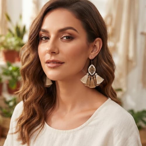 Image of Young & Forever Gift Boho Carnival Sea Island Long Tassel Earrings Handmade Beaded Bohemian Women Statement Beads Dangle Earrings Ethnic Jewelry Fringe Earrings