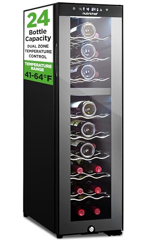 Image of NutriChef 24 Bottle Wine Fridge | Dual Zone Chiller | Adjustable Temperature 41°F to 64°F | Ultra Quiet Operation | Wine Cooler for Home, & Office | FreeStanding 39x11x23 in (Black)