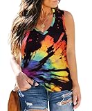 CARCOS Plus Size Tie Dye Tank Tops for Women 3X Black Rainbow Sleeveless T Shirts V Neck Camisole Casual Loose Fit Tanks for Summer 3XL 22W 24W