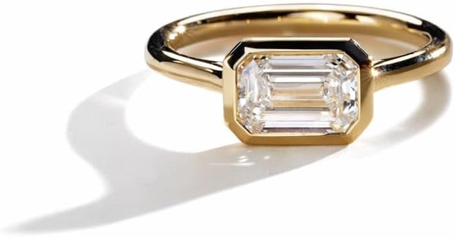 East West Solitaire Emerald Cut Moissanite Engagement Ring, Solid Gold Bezel Setting Wedding Ring, Anniversary Ring For Her.• GE043