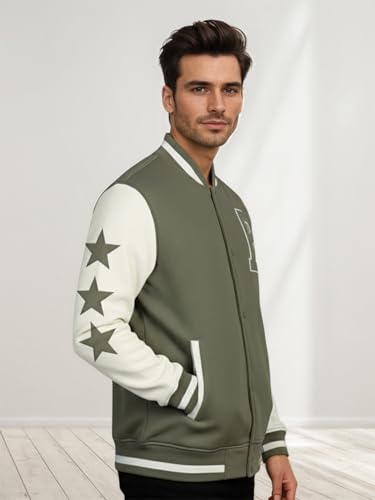 Image of CHKOKKO Men's Regular Varsity Jacket with Snap Button Closure and Patch Design Trendy Comfortable Outerwear for College Travel and Casual Wear