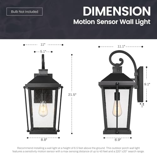 Image of zeyu Large Dusk to Dawn Wall Lamp, 21.5'' Wall Mount Exterior Light Fixture, Black Porch Light with 4 Modes, 220 Detection, Die-Cast Aluminum with Seeded Glass Shade, ZW105B-M-SE BK