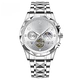 Poedagar Orologio sportivo alla moda da uomo, in acciaio inox, lussuoso, al quarzo, impermeabile, con calendario luminoso, cronografo, orologio da uomo, Argento Bianco