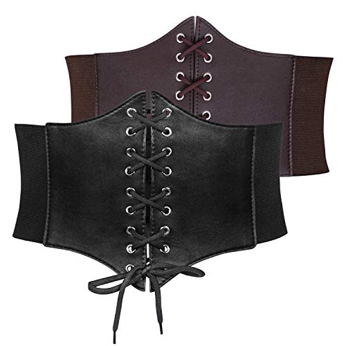 JASGOOD 2 Pack Women’s Elastic Costume Waist Belt Lace-up Tied Waspie Halloween Corset Belts for Women