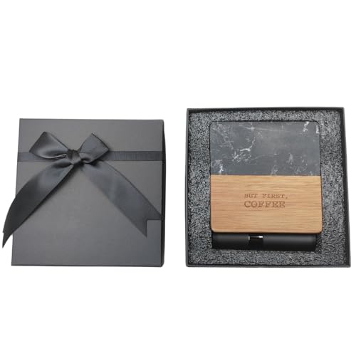 GEMINI Ceramic Coffee Bean Dosing Cup,Marble Wood Coasters,Coffee Spray Bottle - Espresso Accessories Kit for Espresso Enthusiasts - Ideal Gift for Dad (Black)