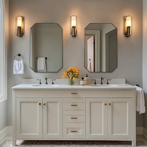 Image of ANDY STAR Black Octagon Bathroom Mirror, 24x36 Inch Stainless Steel Metal Frame, Anti-Rust, Shatterproof HD Glass, Wall Mounted for Bathroom, Bedroom, Living Room