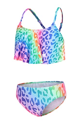Aisyee Bikini para niña, traje de baño de dos piezas, traje de baño hawaiano con volantes florales para niñas, 3-16 años, Leopardo Degradado, 9-10 Años
