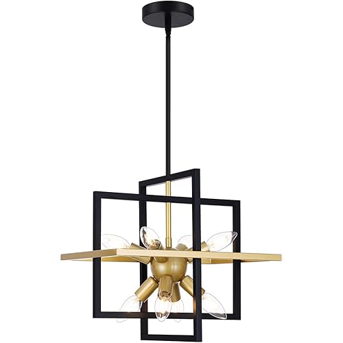 Yasince Small Metal Lantern Chandeliers, 8-Light Modern Geometric Pendant Light Fixture, Industrial Black and Champagne Gold Hanging Chandelier for Living Room Kitchen Island Foyer Hallway Farmhouse