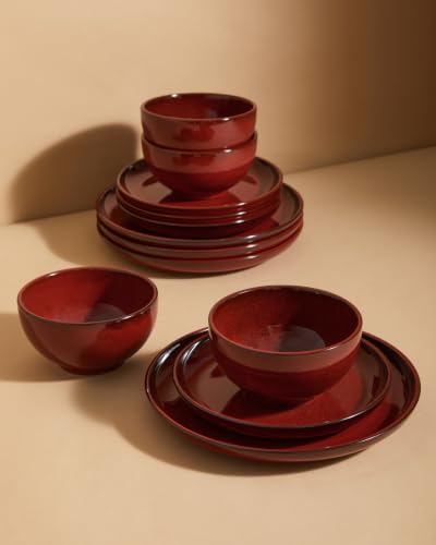 Image of Pokini Stoneware Dinnerware Sets for 4, 12pcs Plates and Bowls Sets Dishes | Reactive Glaze Ceramic Dish Set, Microwave & Dishwasher Safe, Highly Chip and Crack Resistant Dishware sets, Terracotta Red