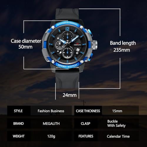 Image of MEGALITH Heavy Duty Watches for Men: Sport Military Analog Wrist Watch | 1 /10 Sec Chronograph, Large Face, Silicone, Waterproof Luminous, Black Everyday Watch, Work Outdoor,Gifts for Husband Father