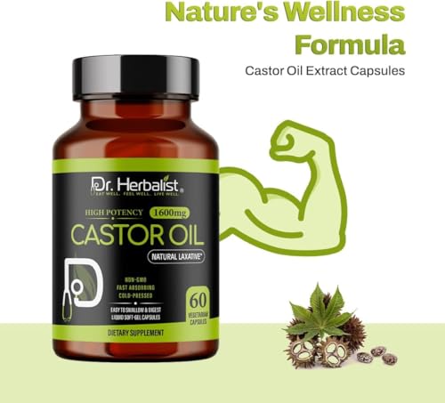Image of Dr. HERBALIST Castor Oil Capsules 1600mg - Cold Pressed Ricinus Communis Softgels | Supports Digestive Wellness & Hair Skin Vitality* | Halal, Non-GMO, Vegan | 60ct