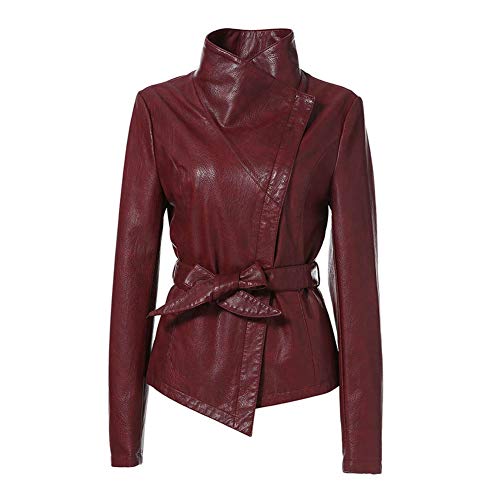 W&TT Chaqueta de Cuero de PU para Mujer Gótico Fajas de Cuello Vuelto Grandes Chaqueta de Moto Corta Chaquetas de Motociclista Delgadas de Cuero de imitación,Wine,XXL