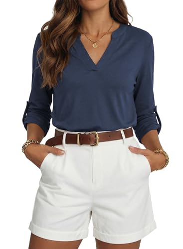 Image of Dokotoo Womens Tops Plaid Cotton Cuffed 3 /4 Sleeve Shirts Blouses