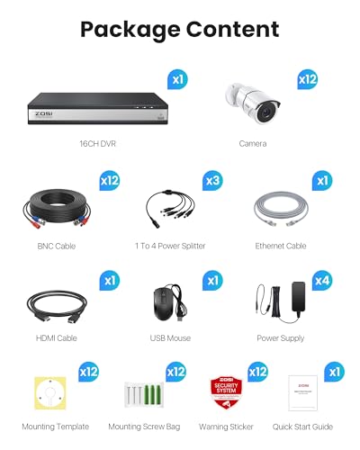 ZOSI 16 Channel Wired Security Camera System with 2TB HDD, 12 x 1080P Indoor Outdoor Metal CCTV Cameras with Audio, AI Human/Vehicle Detection, No Monthly Fee, H.265+ 16CH DVR for Business & Home
