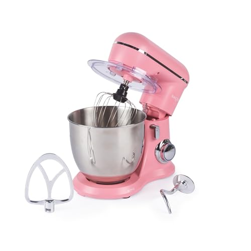 Salter British Bakes Stand Mixer 5L Food Mixer for Baking 1300W 10 Speeds Easy Control Dial Removeable Splash Guard Pink Electric Kitchen Appliance with Whisk Dough Hook and Beater