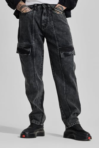 Image of SNITCH Charcoal Grey Multi Pocket Regular Fit Cargo Jeans