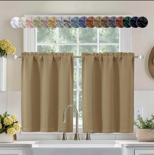 Image of Aiyufeng Taupe Short 36 Inches Blackout Curtain 2 Panels Set, Half Window Rod Pocket Privacy Curtain Tiers for Kitchen, Curtains Blackout for Bathroom Shades, W40 x L36 Inch, Taupe