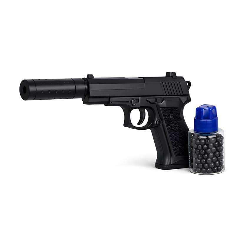 Pistolet à Billes Enfant 18 cm avec Silencieux Amovible 10 cm – Airsoft Spring avec 400 Billes 6 mm et Biberon Distributeur – Jeu de Tir sur Cible