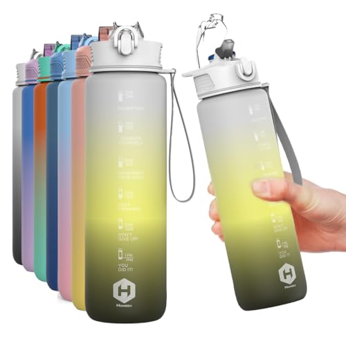HOMEEX Motivational Fitness Sport Water Bottles with Straw & Time Maker, Leak-proof, BPA-free Plastic Drink Bottle 1l Design for Girls, Boy Running,cycling (Grey Yellow & Black, 1000ML-32OZ)
