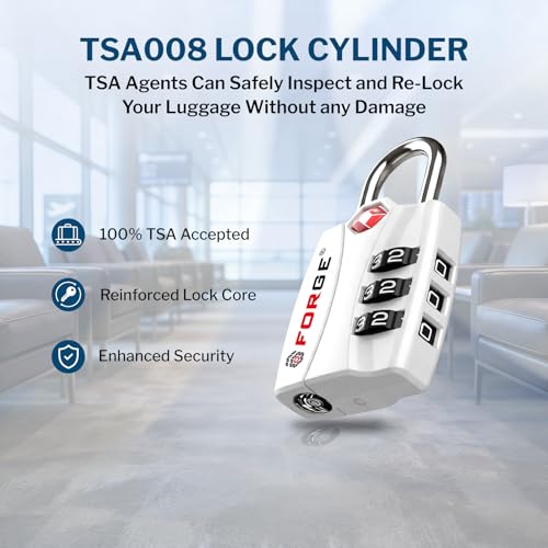 Image of Forge Open Alert TSA Approved Luggage Locks - 3 Digit Combination, Easy Read Dials, Zinc Alloy Body - Ideal Travel Lock for Luggage, Suitcases, Bags & Toolboxes. White 2 Locks.