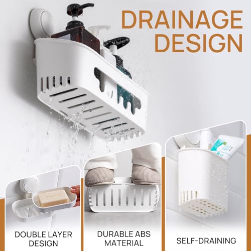 LEVERLOC Shower Caddy Suction Cup Set Shower Organizer & Soap Holder & Toothbrush Holder, Bathroom Shelf Basket NO-Drilling, Removable Suction Storage Waterproof Bathroom Caddy, White by LEVERLOC - Image 4