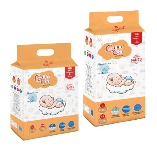 Image of Coo Coo By Mafatlal Extra Dry Baby Pull-Up Premium Diaper Pant, Size L (Large), 110 Count | 9-14 kg | Up to 12 Hrs Protection | Super Absorbent Core | Soft Elastic Waist | Leak Protection