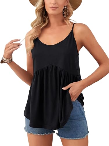 Vrtige Women's Crewneck Spaghetti Strap Pleated Ruffle Hem Sleeveless Cami Tank Peplum Top