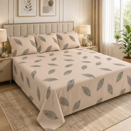 Image of 100% Pure Cotton King Size Bedsheet with 3 Pillow Covers | Family Size 90 x 100 Inches | Soft & Breathable Cotton Bedsheet fits Double Bed, Queen Bed, King Bed | Beige Leaf Print