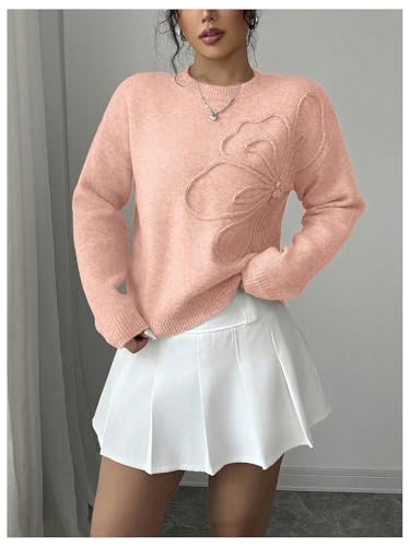 Image of RoseSeek Women's 3D Floral Appliques Crewneck Sweaters Long Sleeve Drop Shoulder Pullovers Elegant Knit Tops