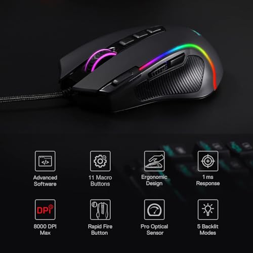 Image of Redragon M612 Predator RGB Gaming Mouse, 8000 DPI Wired Optical Mouse with 11 Programmable Buttons & 5 Backlit Modes, Software Supports DIY Keybinds Rapid Fire Button