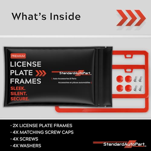 Image of Premium Slim Red License Plate Frames - 2 Pack, Rust-Free Stainless Steel & Rattle-Free, Street Legal, Universal with Screw Caps, Thin Metal Front & Rear Car Tag Holders Unisex
