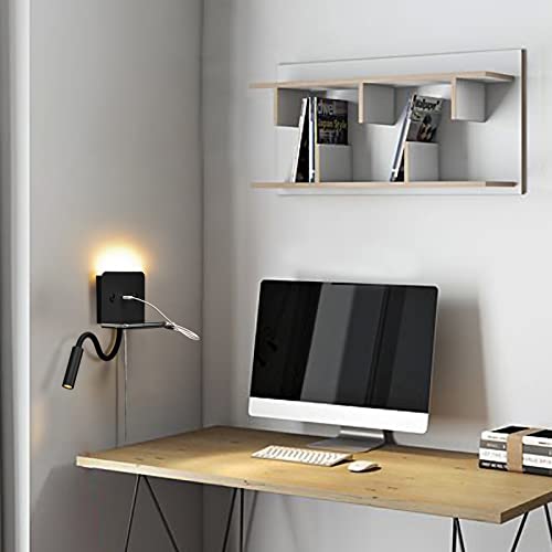 Cosylux Swing Led Wall Sconce Plug In Cord For Bedroom With Usb Charging Port Shelf, Warm White Mounted Wall Lamp Light Fixture For Living Room Reading Bedside, Modern Night Light Wall Decor, Black #TOP3
