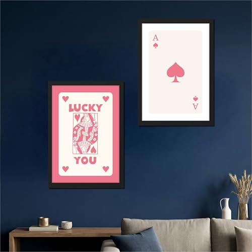 Image of NoWorries Playing Cards Wall Art Framed Painting | Lucky You Typography & Ace of Spades Card Art Prints | Minimal Pink Aesthetic Posters Frames | Premium 300 GSM Paper Print with Synthetic Wooden Frame | Modern Wall Decor for Living Room, Bedroom and Office (Set of 2) (BLACK, ART-7, 10X13INCHES)