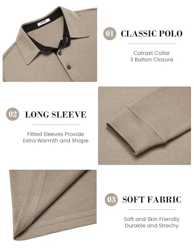 COOFANDY Mens Long Sleeve Polo Shirts Basic Casual Button T-Shirt Lightweight Pullover Shirts Khaki
