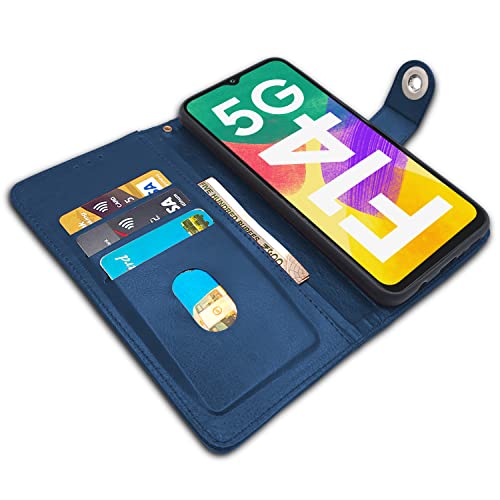 Image of Pikkme Samsung Galaxy F14 5G Flip Cover Leather Finish | Inside TPU with Card Pockets | Wallet Stand and Shock Proof | Complete Protection Button Flip Case (Blue)