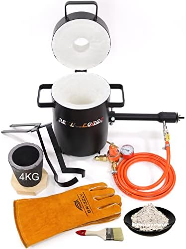 DEVIL-FORGE Gas Propane Furnace FB1Sb Full Kit - 4Kg Crucible Tongs Heat Resistant Gloves 1 DFC Burner 180.000 BTU Foundry Metalsmiths 2642°F/1450°C Brass Copper Bronze Silver etc