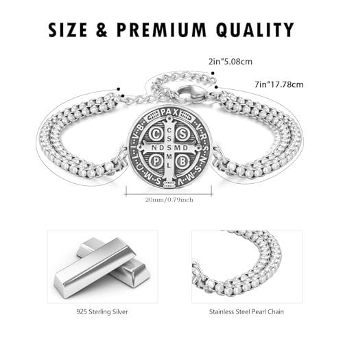 925 Sterling Silver Patron Saint Medal Bracelet with Stainless Steel Double Chain 7"+2"3