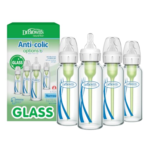 Dr. Brown's Anti-Colic Options+ Narrow Glass Baby Bottle with Level 1 Slow Flow Nipple, BPA-Free, 8 oz/250 mL, 0m+, 4-Pack