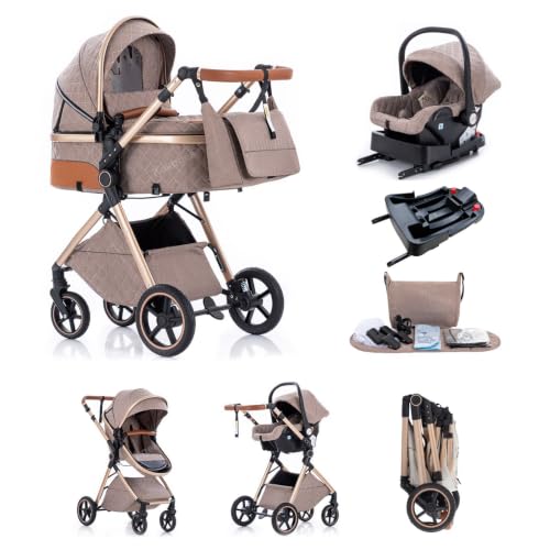 Kakbgee Trio Poussette 3 en 1 avec Siège Auto, avec base ISOFIX, Landau Bébé Pliable, 7 Positions Poignée, Housse Pluie, Moustiquaire, Système de Voyage pour Nouveau-Nés 0-3 Ans (15kg),Kaki