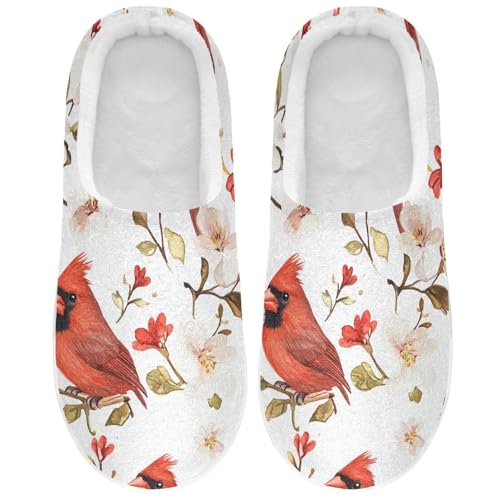 JUNZAN Fierce Northern Red Birds White Womens Cotton House Slippers Wide Memory Foam Indoor Shoes for Bedroom Christmas Presents 6-7