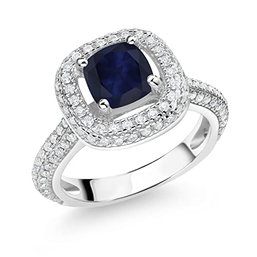Gem Stone King 1.93 Cttw Blue Sapphire and White Moissanite Engagement Ring For Women | 925 Sterling Silver | Cushion 6MM | Gemstone Birthstone | Wedding Engagement Anniversary Ring For Women | Size 9
