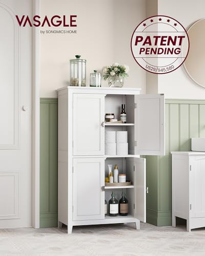 Image of VASAGLE Floor Storage Cabinet, Freestanding Unit, 4 Doors | Adjustable Shelves, 11.8 x 23.6 x 43.3 Inches, for Entryway, Bathroom, White, UBBC552P31