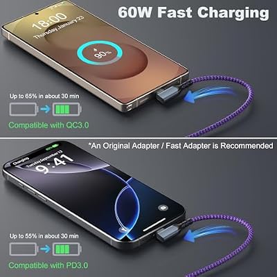 USB C Cable 10ft, OKRAY 5-Pack Type C Fast Charging Android Charger Cords USB-A to USB-C 90 Degree Right Angle L Shape Braided Cable for iPhone 17 16 15, Samsung Galaxy S25 S24 A16 A15, Google Pixel 9