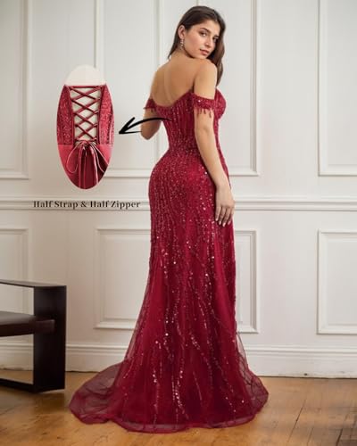 Women's Off Shoulder Long Tulle Bridesmaid Dresses A Line Slit Prom Dress Beaded Corset Party Gowns Applique2