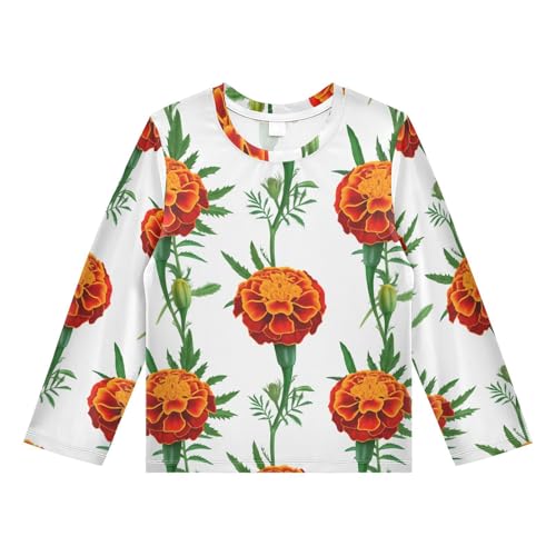 DOMIKING Marigold Flower Leaves White Boys Long Sleeve Rashguard Shirt Kids Quick Dry Swim Shirt for Swimming Pool Beach 11-12T