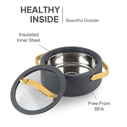 Image of CELLO Velvetto Deluxe 1500 Insulated Casserole Hot Box for Kitchen 1500 ml, Grey | Airtight See Through Lid Hot Pot Case Keeps Food Hot & Warm for Long Hours, Casserole Set for Roti, Rice & Biryani