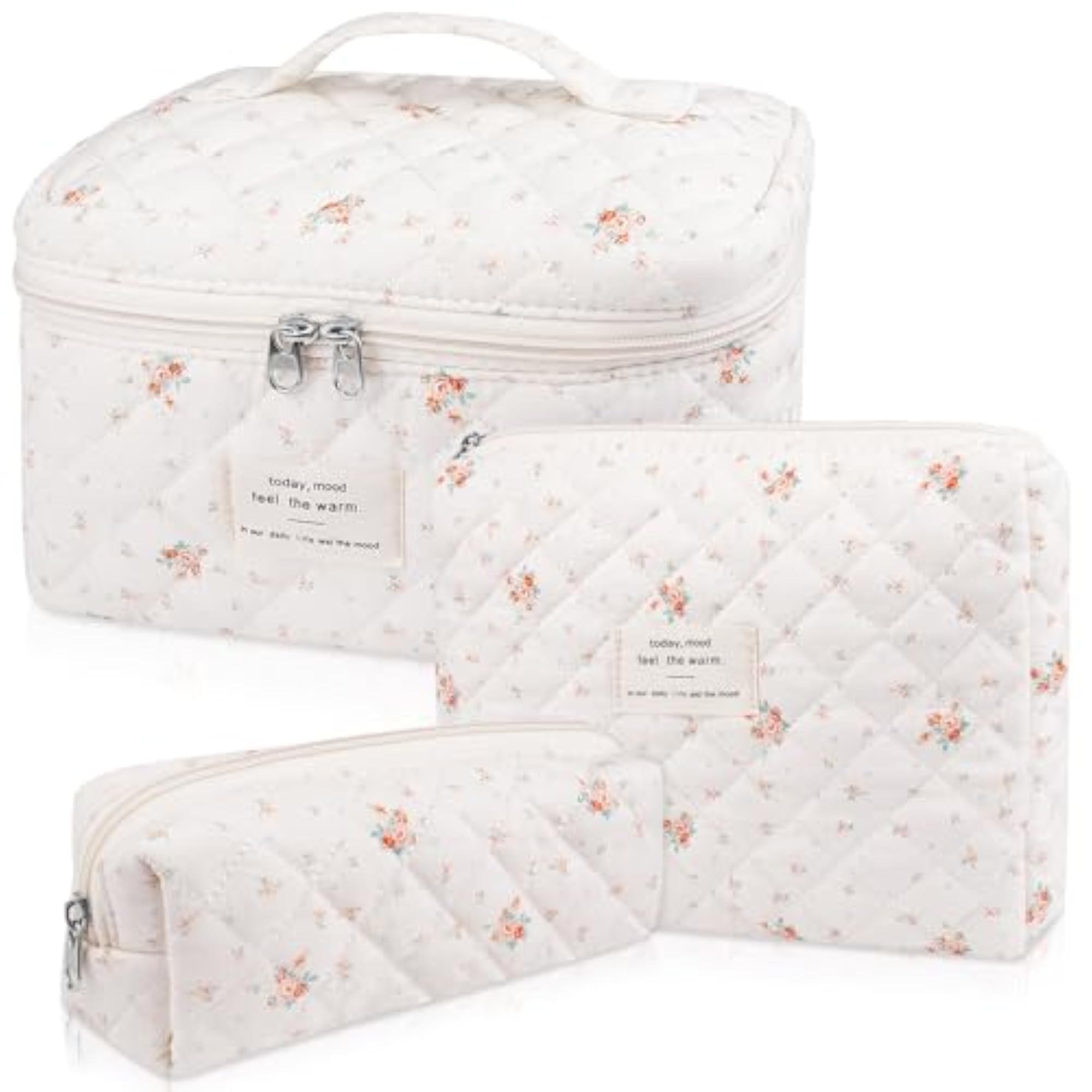 Quilted Floral Makeup Bag Set for Women, Large