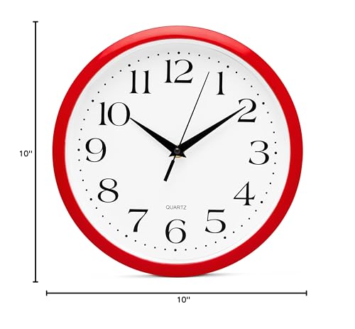 Image of Bernhard Products Red Wall Clock Silent Non Ticking - 12 Inch Quality Quartz Battery Operated Round Easy to Read